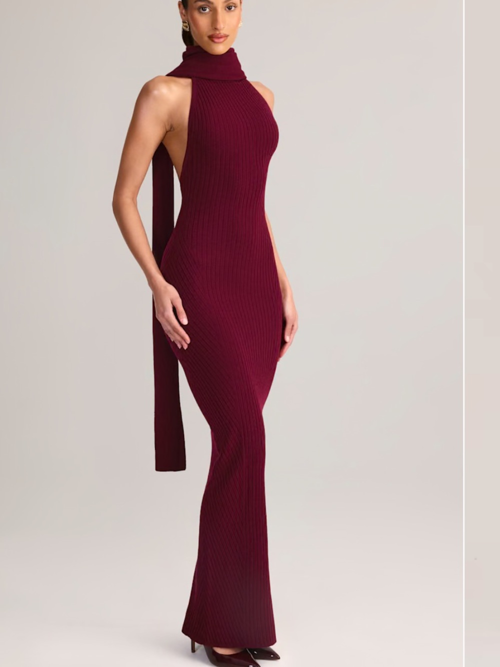 Oh Polly Rib-Knit Scarf Halterneck Maxi Dress in Wine